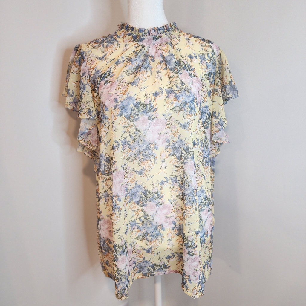 Hayden Womens Large Yellow Blue Floral Blouse Short Flutter Sleeve Mock Neck